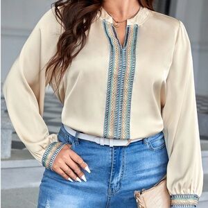 Cream Blouse with Embroidered Details, notched neckline